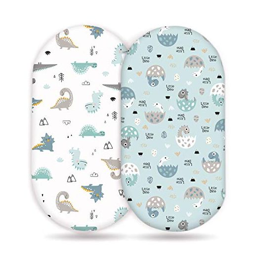 GRSSDER Stretchy Ultra Soft Fitted Bassinet Sheet Set 2 Pack, Universal Fit for Bassinets Baby Cradle Moses Basket Oval Rectangle Pad/Mattress, Happy Dinosaurs Bassinet Sheets for Baby Girls and Boys