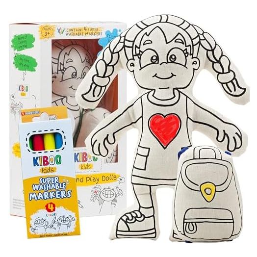 Kiboo Kids Color Your Doll - Washable Art Toy with Mini Doll Backpack and Markers - Educational Craft for Creative Play (Girl Doll with Braids)