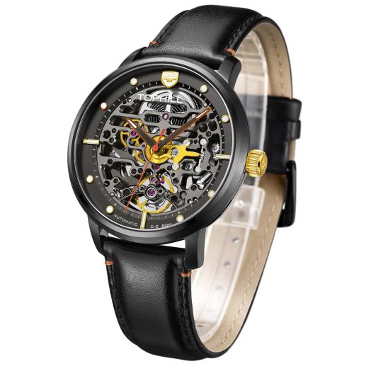 Tophill Men's Automatic Watch Skeleton,Black Mechanical Movement Watches Skull, Stainless Steel Strap and Sapphire Crystal Mirror, Automatic Self-Winding 5ATM Waterproof