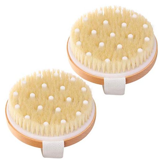 Dry Brushing Body Brush, 2 Pack Round Massage Scrub Brush with Natural Boar Bristles for Exfoliating Dry Skin, Lymphatic Drainage and Cellulite Treatment