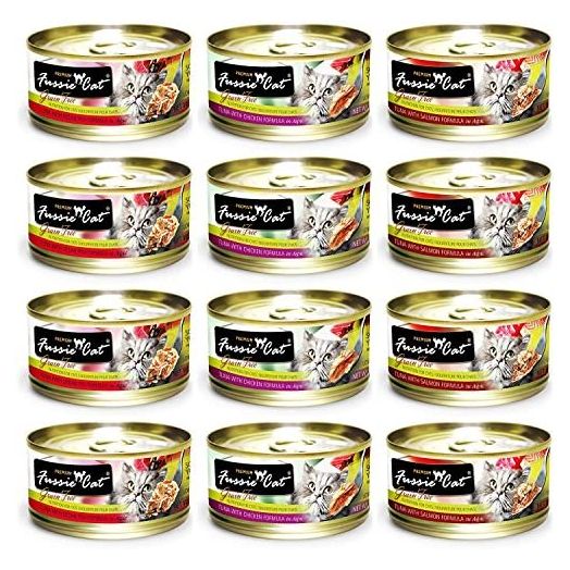 Fussie Cat Premium Grain Free Canned Cat Food 3 Flavor Variety Bundle: (4) Tuna with Chicken, (4) Tuna with Salmon and (4) Tuna with Ocean Fish, 2.82 Oz Each (12 Cans Total)