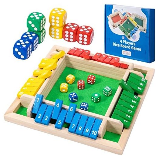 Shut The Box Dice Game,8 Dice 4 Players Wooden Board Table Math Skills Game with Drop it Game Instructions for Kids Adults Easy to Learn, Family and Friends Party (8 Inches Colorful)