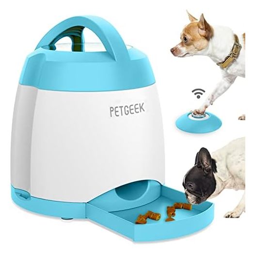 PETGEEK Treat Dispenser Dog Toys, Automatic Pet Feeder with Dual Power Supply and Remote Control, Dog Puzzle Toys and Interactive Dog Toys in One for Indoor or Outdoor Play(Blue)