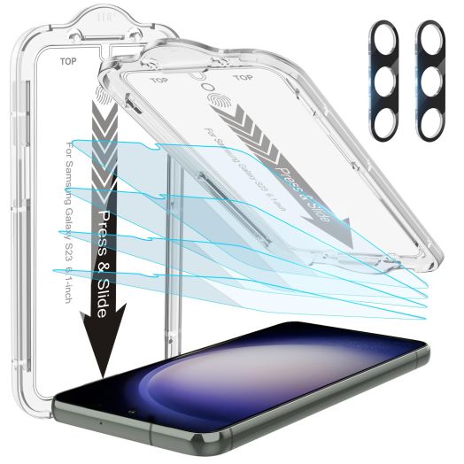 4 Pack Screen Protector for Galaxy S23 [6.1"] With 2 Pack Camera Lens Protector, 100% Fingerprint Unlock, [Drop Protection] 9H Scratch Resistant Tempered Glass Film - HD Clear