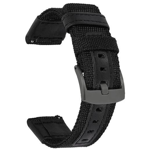 JBR Premium Nylon Weave Replacement Strap Canvas Fabric with Genuine Leather Quick Release Military Field Watch Band Unisex, Choice of Color and Width 20mm, 22mm, 24mm (Black, 22mm)