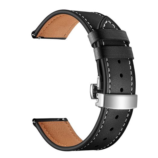 JBR Top Grain Leather Butterfly Unfolding Button Buckle Replacement Watch Band-Men's and Women's Quick Release Straps -Choice Color and Width - 20mm, 22mm (Black, 22mm)