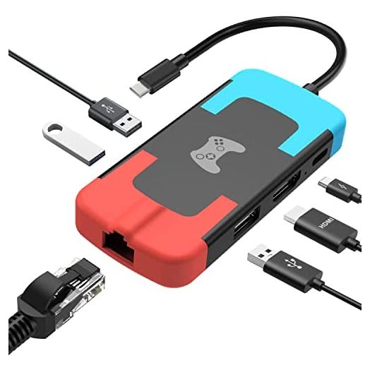 D.Gruoiza Switch Dock, Portable TV Ethernet LAN Adapter for Nintendo Switch/OLED,Replace Nintendo Switch Docking Station, HDMI Adapter with Ethernet LAN/USB/Type-C (Blue and Red)