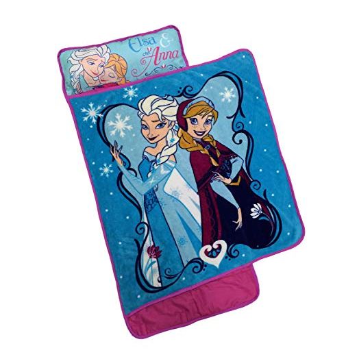 Disney Frozen Anna and Elsa Toddler Nap Mat with Attached Pillow and Blanket, Teal, Aqua, Pink