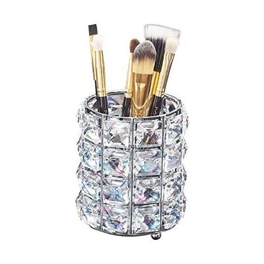 Makeup Brush Holder Organizer Golden Crystal Bling Personalized Gold Comb Brushes Pen Pencil Storage Box Container (Crystal Pot-Sliver)