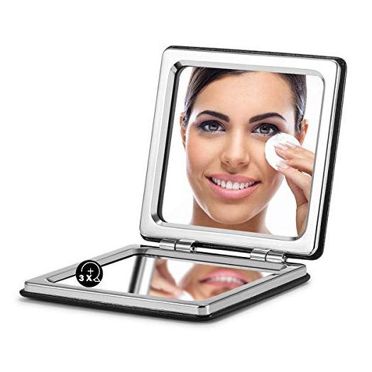 OMIRO Compact Mirror, Classical PU Leather 1X/3X Magnification, Pocket Ultra Portable for Purses and Travel (Black)