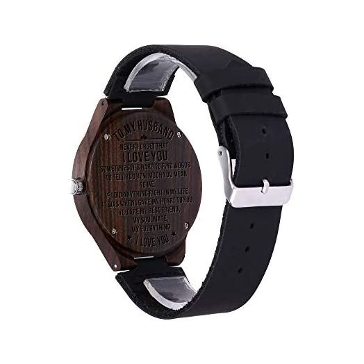 Customize Engraved Wooden Watch Nightlight Fashion Leather Mens Watch with Gift Box for Your Lovely Dad/Husband/Son(Christmas)