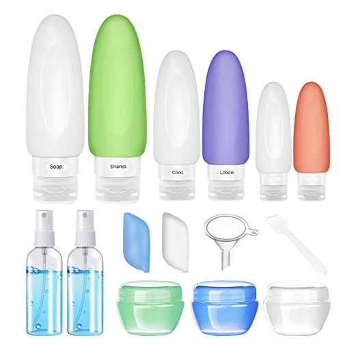 16 PCS Silicone Travel Bottles Set, KIKOMO TSA Approved Leak Proof Squeezable Travel Accessories, Travel Size Containers with Tag for Toiletries Shampoo Conditioner