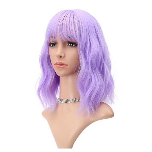 FAELBATY Wavy Wig Short Purple with Air Bangs, Shoulder Length Cosplay Wig