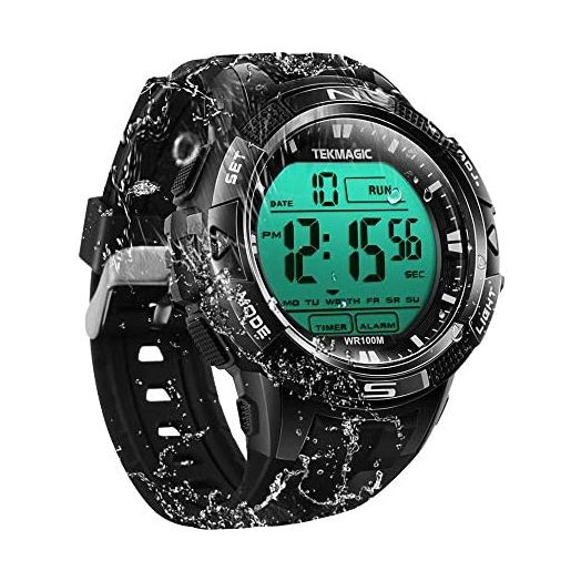 TEKMAGIC Digital Watch 100m Underwater Waterproof for Swimming Diving with Stopwatch, 12/24 Hour Format, Dual Time Zone, Alarm Functions