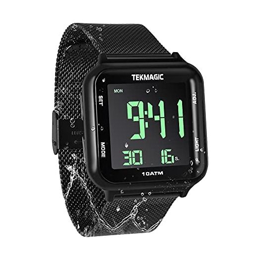10 ATM Digital Swim Watch Scuba Dive Watch with with Stainless Steel Strap, Chronograph, Timer Countdown, Alarm, Calendar, Stopwatch, and Dual Time Zone Display Functions