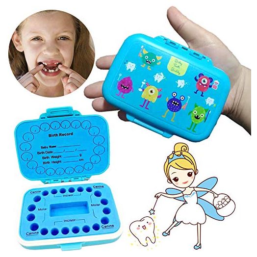 Baby Teeth Keepsake Box, pp Children Kids Tooth Storage Holder Organizer Printed in English to Keep The Child-Wood Memory (Blue Pattern)