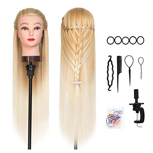 DANSEE 28" Mannequin Head Synthetic Hair Hairdresser Training Manikin Cosmetology Doll Head Blonde with DIY Braiding Set+ Free Table Clamp(27-613)