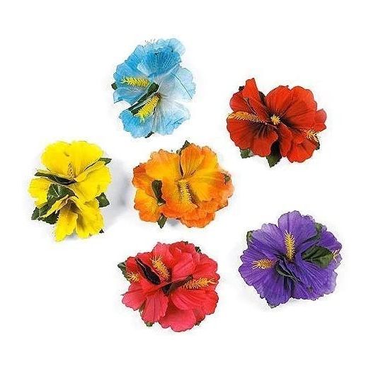 Hula Girl Hibiscus Color Assorted Flower Island Theme Hair Clips Event Decoration Supplies (12 Pack)
