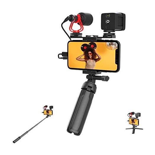 Mirfak Vlogging Kit for iPhone Android Smartphone - Fill Light, Microphone, Tripod, Extension Pole up to 695mm for Live Stream&Selfie Travel Family Youtuber Interview&Studio