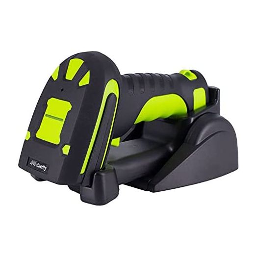 Alacrity Upgraded 2D Industrial Barcode Scanner with Wireless Charging Stand, 1968 Feet Transmission Distance 433Mhz Wireless & Bluetooth 2in1 Barcode Reader, Shock Dust Proof Hands Free