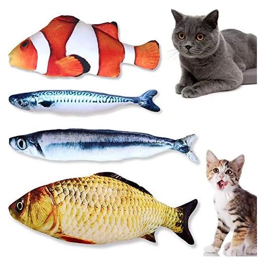 Plush Fish Shape Toy, Perfect for Biting and Chewing, Extra refillable Catnip, Fish-Crinkle, Interactive for Cat/Kitty/Kitten and Funny Kick Supplies for Pets (4PC’s)
