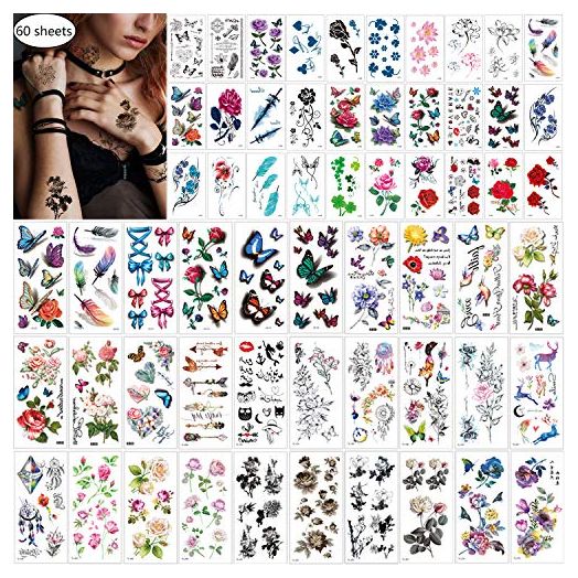 60 Sheets Waterproof Butterfly Flower Temporary Tattoos Stickers for Women, Multiple Design Styles