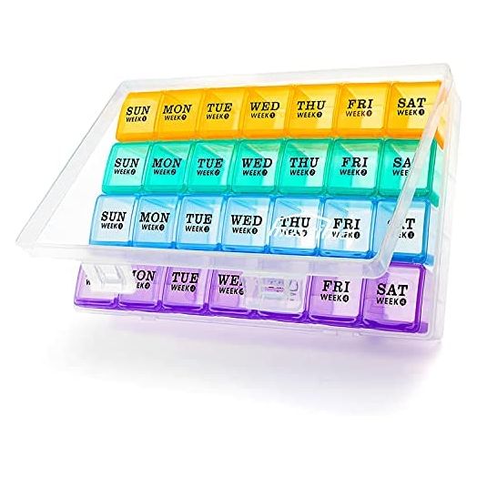 XL Large Monthly Pill Organizer 4 Weeks, 28 Day Pill Box Organizer Weekly, Big Compartment Pill Box with Travel Case, 7 Day Pill Dispenser 4 Times a Day, Medicine Organizer Box for Vitamin, Fish Oil