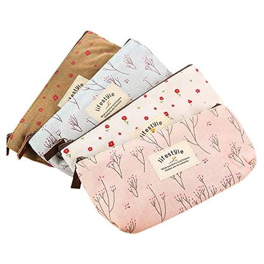 AKIRO Pencil Case, Cute Floral Flower Canvas Zipper Pencil Cases Lovely Fabric Flower Tree Pen Bags School Supplies 4 Pcs