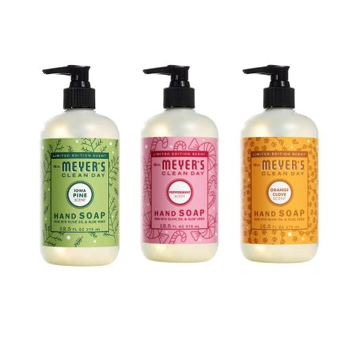 MRS. MEYER'S CLEAN DAY Holiday Hand Soap Bundle (Peppermint, Iowa Pine, and Orange Clove) 12.5 Ounces each