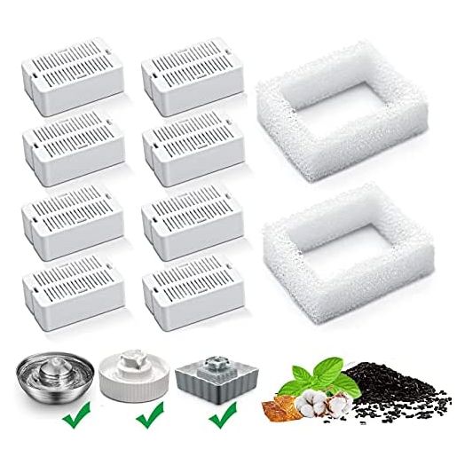 Cat Water Fountain Replacement Filters, 8 Pack Cat Fountain Carbon Filters and 2 Pack Foam Filters for Ceramic Pet Drinking Fountain and Stainless Steel Pet Water Fountain