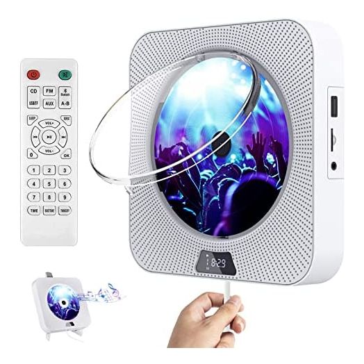 Portable CD Player with Bluetooth, Wall Mountable CD Player with Dust Cover,FM Radio,Built-in Speakers,USB Port,AUX Input,LCD Display