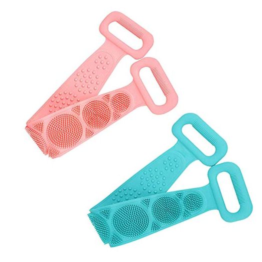 2 Pack Silicone Back Scrubber for Shower,Exfoliating Lengthen Bath Body Brush,Easy to Clean Lathers Well Eco Friendly, Long 29in(pink and blue)