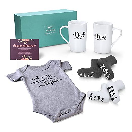 Pregnancy Gifts for First Time Moms – Mom and Dad Est 2022 14 oz Mug Set with Onesie and Baby Socks, Greeting Card - Top New Parents Gifts for Mom and Dad to Be - Idea for Baby Shower, Gender Reveal