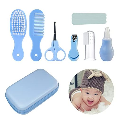 Baby Grooming Kit, Baby Hair Brush/Nail Clipper/Nose Cleaner/Finger Toothbrush/Nail Scissors/Manicure Kit for Baby Care Keep Healthy and Clean Blue