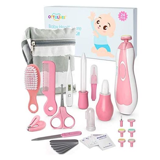 OTTOLIVES Baby Healthcare and Grooming Kit, 24 in 1 Baby Electric Nail Trimmer Set Newborn Nursery Health Care Set for Newborn Infant Toddlers Baby Boys Girls Kids Haircut Tools (0-3 Years+) (Pink)