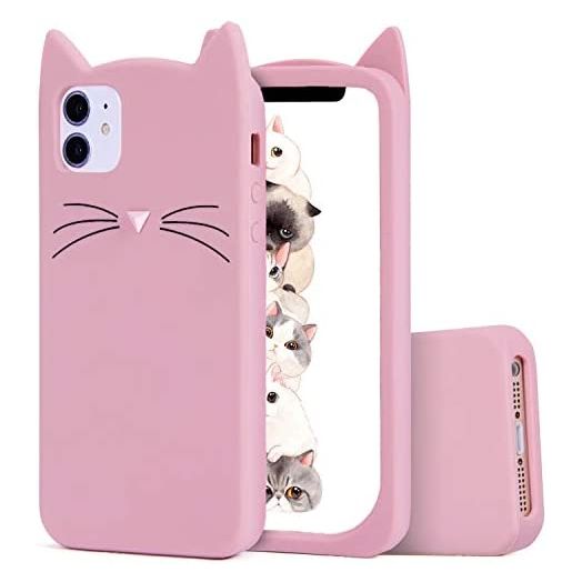 Jowhep Case for iPhone 11 Cartoon Cute 3D Kawaii Fun Pink Cat Animal Design Soft Silicone Cover, Unique Cool Funny Stylish Fashion Character Cases for iPhone 11 6.1" Shell for Girls Kids Boys Women