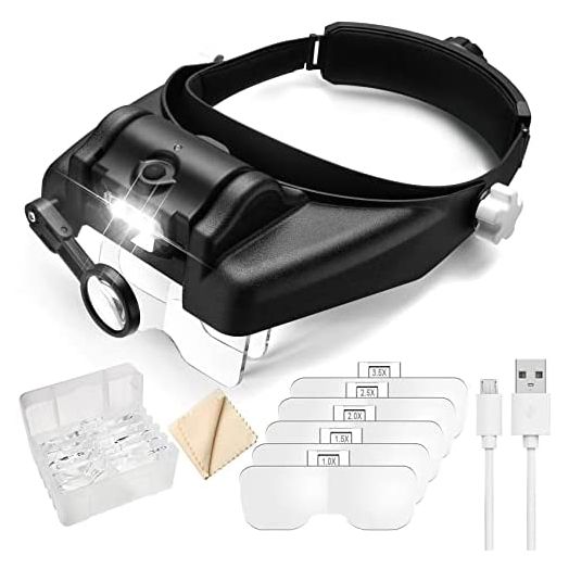 Dilzekui Head Mount Magnifier with LED Light, Rechargeable, 6 Detachable Lens