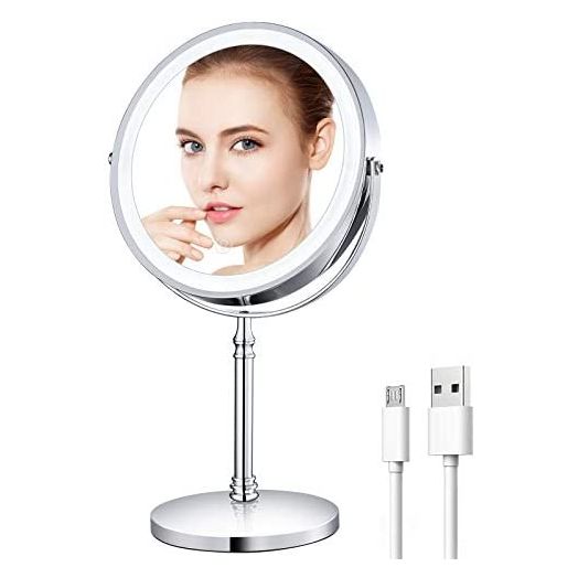 Rechargeable 8'' Lighted Makeup Mirror, 10X Magnifying Vanity Mirror with 3 Color LED Lights, Double-Sided Cosmetic Mirror Battery Powered, Touch Button Adjust Brightness