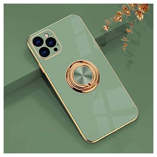 aowner Compatible with iPhone 12 Pro Max Ring Holder Case Shiny Plating Rose Gold Edge 360 Degree Rotation Kickstand for Women Girls Slim Soft Flexible TPU Protective Cover Case, 6.7 Inch