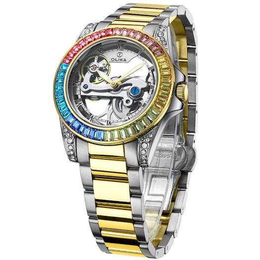Olika Women Watch, Self Winding Mechanical Watch - Stainless Steel Skeleton Watch, Luminous Waterproof Watch, Business Stylish Watch.(Rainbow Machinery)