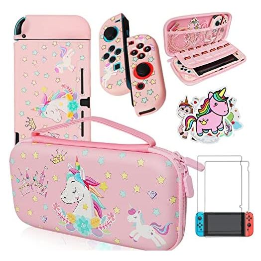 Pink Unicorn Carrying Case Compatible with Nintendo Switch (Not OLED or Lite) with Dockable Protective Grip Case +Screen Protector +Unicorn Stickers, Hard Storage Case Accessories Kit Bundle for Girls