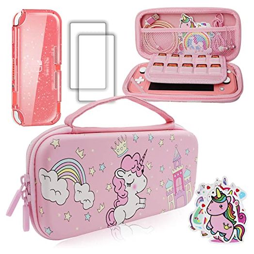 Pink Unicorn Carrying Case Compatible with Nintendo Switch Lite with Crystal Glitter Soft Protective Case Cover+Screen Protector+Stickers, Hard Storage Case Accessories Kit for Girls Birthday Gift