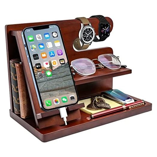 Gifts for Men Wood Phone Docking Station Gifts for him Husband Nightstand Organizer for Men Cell Phone Stand Watch Stand Wallet Station Key Holder Gifts for Dad Birthday Gifts for Men