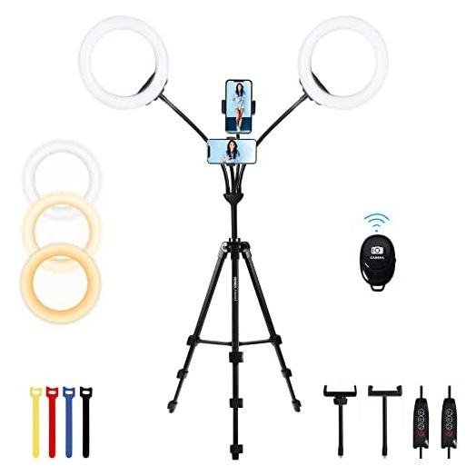 Xeneo 8'' Dual Ring Light with Tripod Stand & 2 Phone Holders for Double Brightness, LED Selfie Ring Light with Remote Shutter for Live Stream/YouTube/Video Recording/Makeup/Vlogging, up to 5.9ft Tall