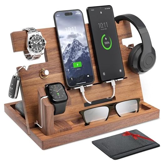 Wooden Docking Station Men, Nightstand Organizer Bundle w/RFID Blocking Leather Wallet - Charging Station, Cell Phone Stand, Tablet Stand, Husband Gifts from Wife, for Dad - Walnut