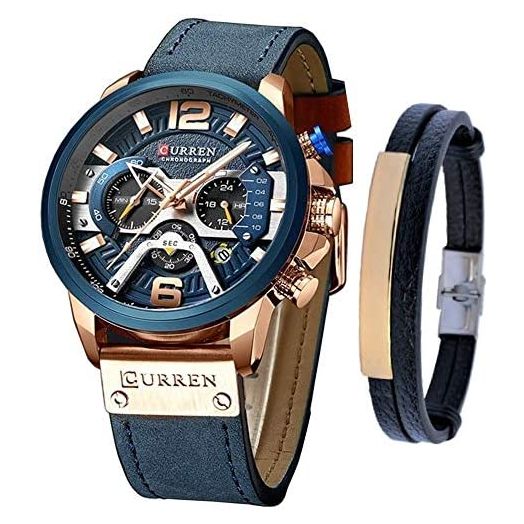 CURREN Watches Men Quartz Leather Chronograph Watch and Fashion Bracelet Set Analog Watches for Men Luxury Wristwatch Gifts for Dad Boyfriend
