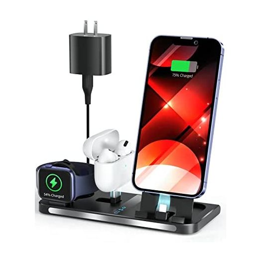 3 in 1 Charging Station, Foldable Charging Stand for Multiple Apple Devices Compatible with iPhone, iWatch, Air Pods, 18W Fast Charge Portable Travel Charger with QC3.0 Adapter…