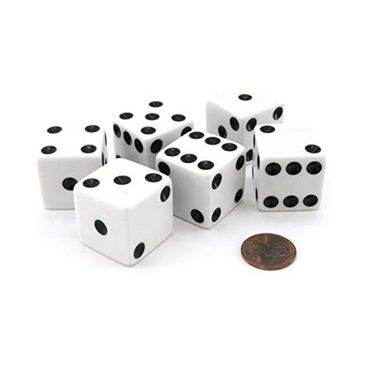 Set of 6 D6 25mm Large Opaque Jumbo Dice - White with Black Pip by Koplow Games