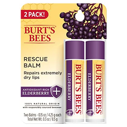 Burt's Bees 100% Natural Origin Rescue Lip Balm with Beeswax and Antioxidant-Rich Elderberry, 2 Tube in Blister Box, Package May Vary, Purple, 0.15 Oz