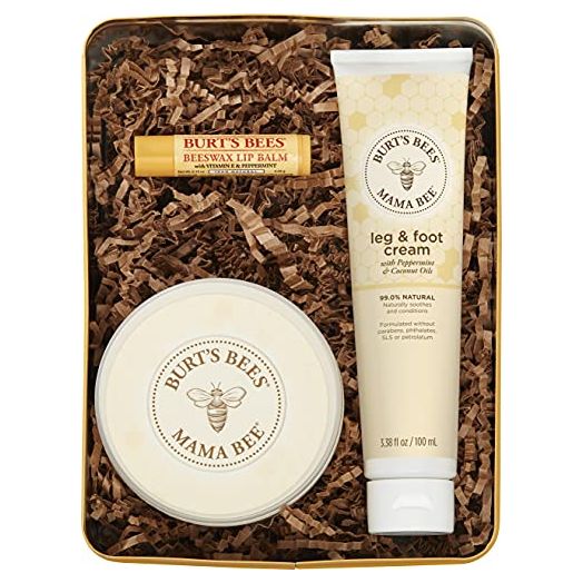 Burts Bees Gift Set, 3 Pregnancy Skin Care Products - Mama Belly Butter, Lip Balm Original Beeswax, Leg & Foot Cream, with Giftable Tin